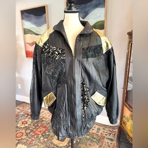 Vanna White Black and Gold Vintage Leather Jacket